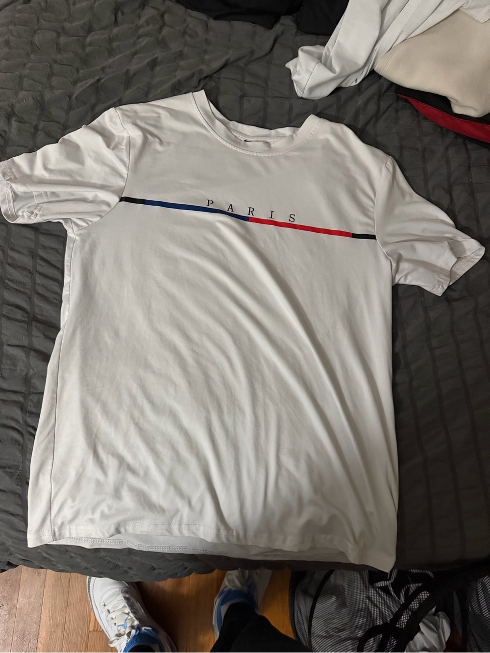 SHEIN White 'Paris' Short Sleeve Tee with Tricolor Stripe